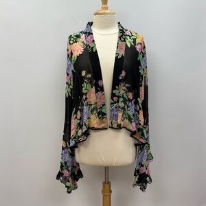 Tolani Floral Chiffon Flared Bell Sleeve Open Kimono Boho Black OS